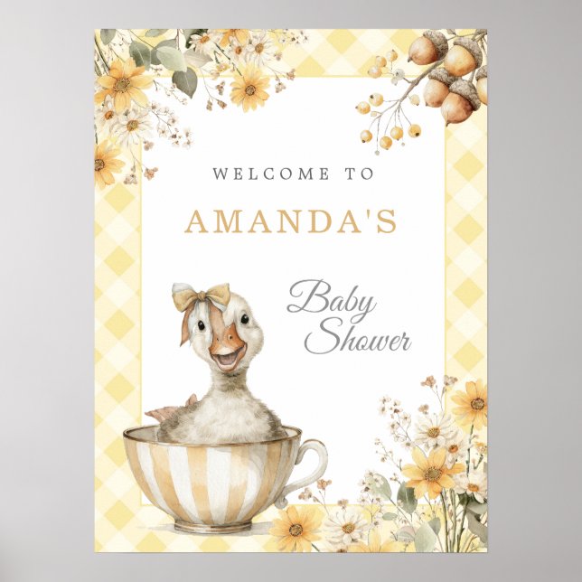 Póster Signo de bienvenida de Baby Shower amarillo y blan (Frente)