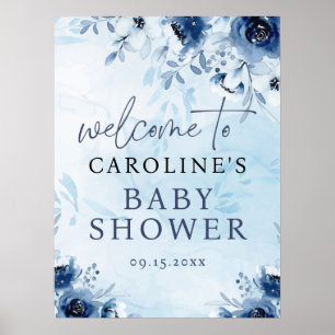 Póster Signo de bienvenida de Baby Shower azul acuarela d