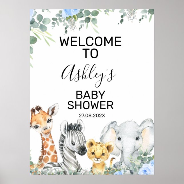 Póster Signo de bienvenida de Baby Shower azul azarí flor (Frente)