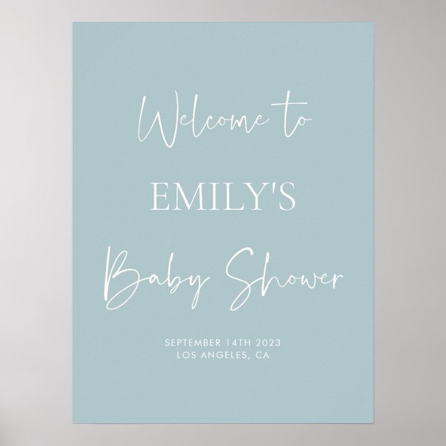 Póster Signo de bienvenida de Baby Shower azul minimalist (Frente)