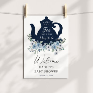 Póster Signo de bienvenida de Baby Shower azul Tea Time