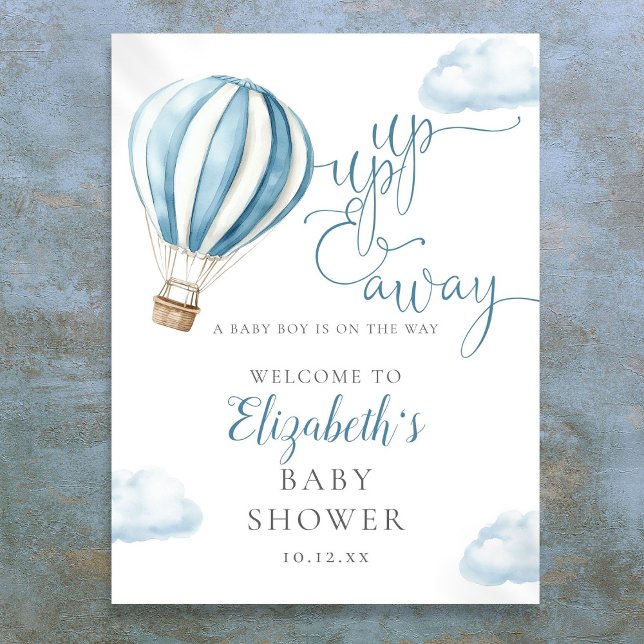 Póster Signo de bienvenida de Baby Shower Blue Air Balloo (Blue Hot Air Balloon Boy Baby Shower Welcome Sign)