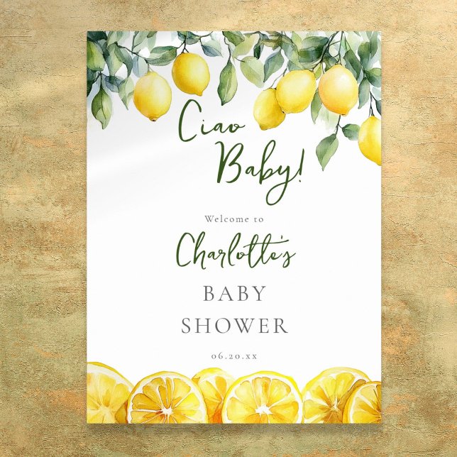Póster Signo de bienvenida de Baby Shower Citrus limón pa (Ciao Baby Lemon Citrus Baby Shower Welcome Sign)