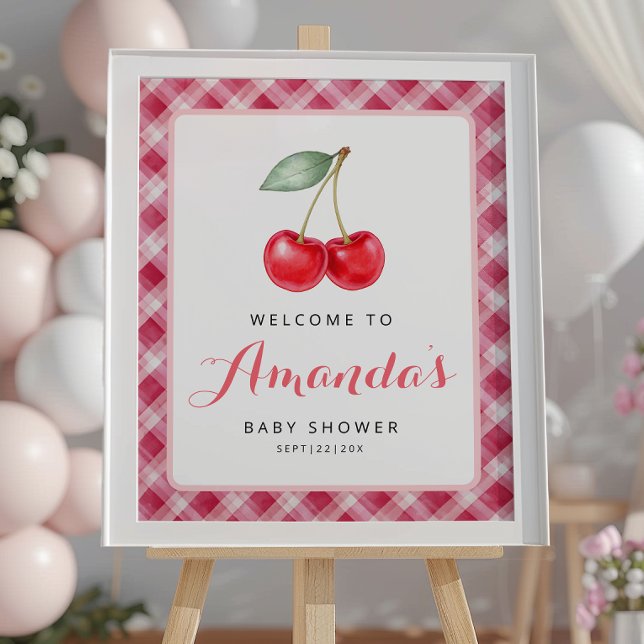 Póster Signo de bienvenida de Baby Shower con cereza con  (Cherry Welcome Sign)