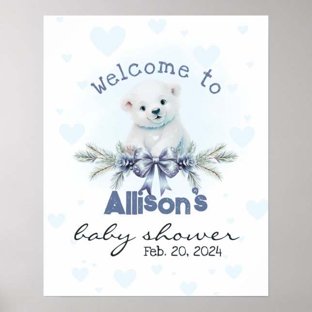 Póster Signo de bienvenida de Baby Shower con cubo de oso (Frente)