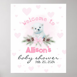 Póster Signo de bienvenida de Baby Shower con cubo de oso