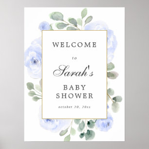 Póster Signo de bienvenida de Baby Shower con floral azul