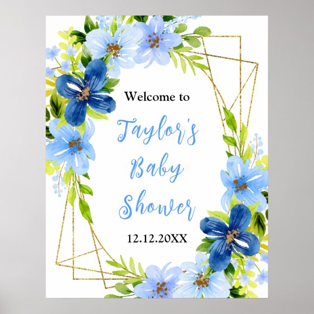 Póster Signo de bienvenida de Baby Shower con flores azul (Frente)