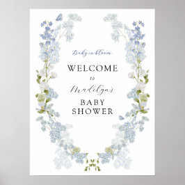 Póster Signo de bienvenida de Baby Shower con flores azul
