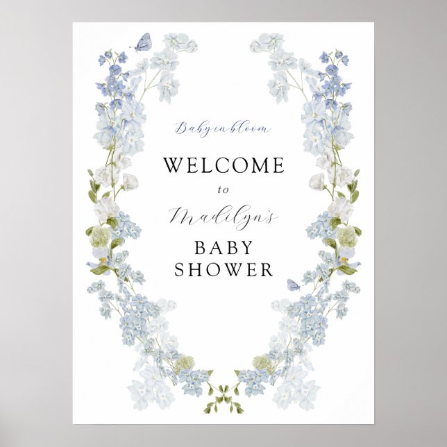 Póster Signo de bienvenida de Baby Shower con flores azul (Frente)