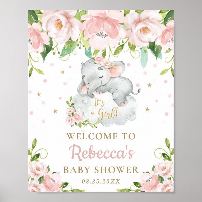Póster Signo de bienvenida de Baby Shower con flores rosa (Frente)
