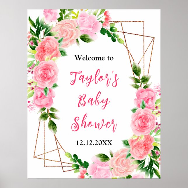 Póster Signo de bienvenida de Baby Shower con flores rosa (Frente)