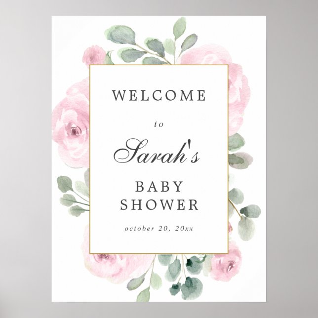 Póster Signo de bienvenida de Baby Shower con flores rosa (Frente)