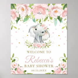 Póster Signo de bienvenida de Baby Shower con flores rosa