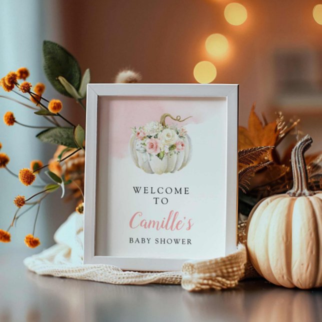 Póster Signo de bienvenida de Baby Shower con florido de  (Fall Pumpkin Girl Baby Shower Welcome Sign)
