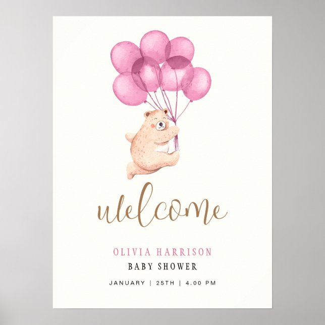 Póster Signo de bienvenida de Baby Shower con globo rosa  (Frente)