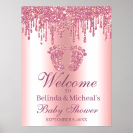 Póster Signo de bienvenida de Baby Shower con pies rosado