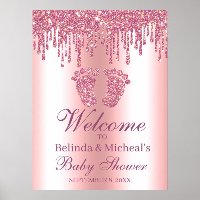 Póster Signo de bienvenida de Baby Shower con pies rosado (Frente)