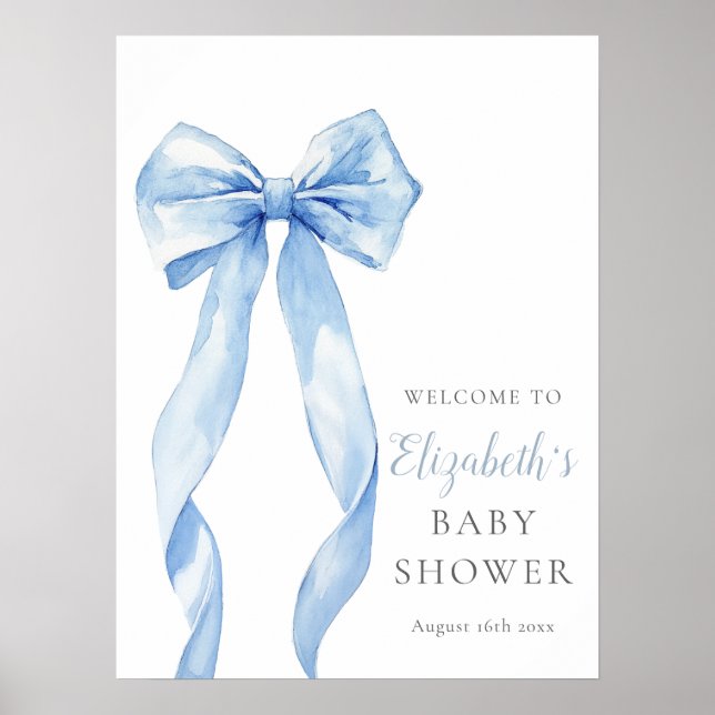 Póster Signo de bienvenida de Baby Shower de Blue Bow mod (Frente)
