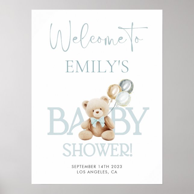 Póster Signo de bienvenida de Baby Shower de Blue Teddy B (Frente)