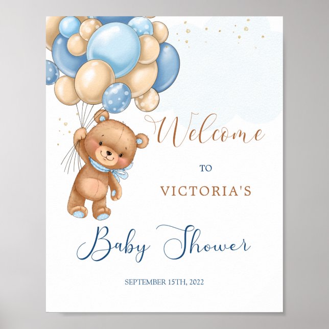 Póster Signo de bienvenida de Baby Shower de Blue Teddy B (Frente)