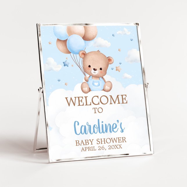 Póster Signo de bienvenida de Baby Shower de Blue Teddy B (Blue Boy Teddy Bear Clouds Balloon Baby Shower Sign)