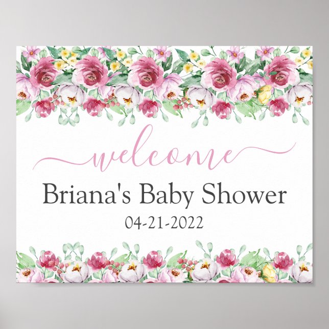 Póster Signo de bienvenida de Baby Shower de Chica floral (Frente)