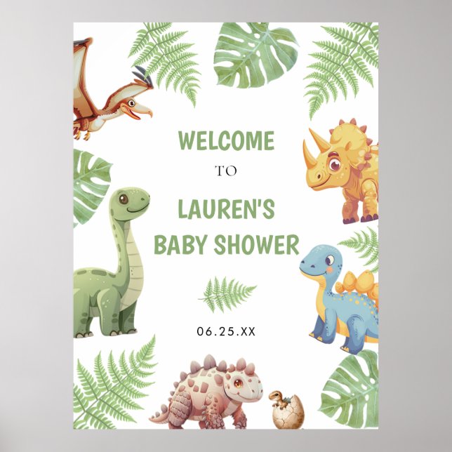 Póster Signo de bienvenida de Baby Shower de dinosaurios  (Frente)
