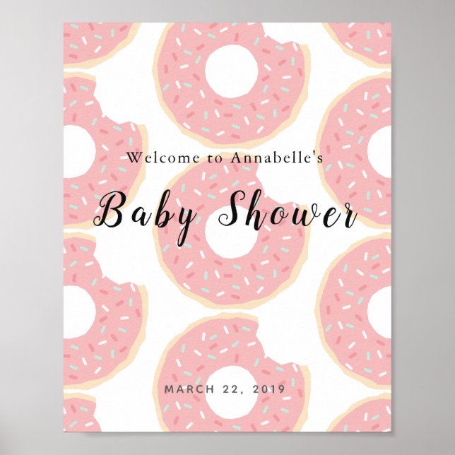 Póster Signo de bienvenida de Baby Shower de donut rosado (Frente)