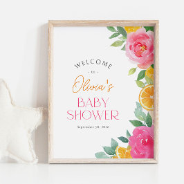 Póster Signo de bienvenida de Baby Shower de Floral rosa