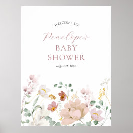 Póster Signo de bienvenida de Baby Shower de flores rosad