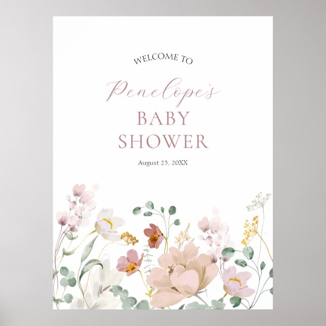 Póster Signo de bienvenida de Baby Shower de flores rosad (Frente)
