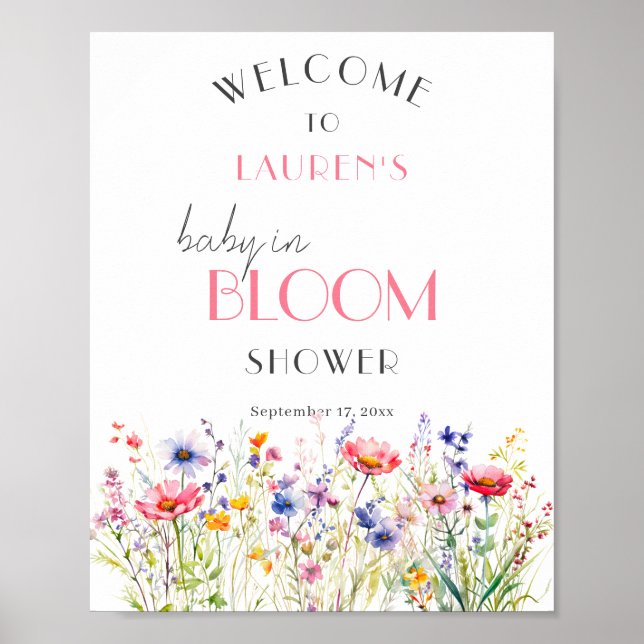 Póster Signo de bienvenida de Baby Shower de flores silve (Frente)
