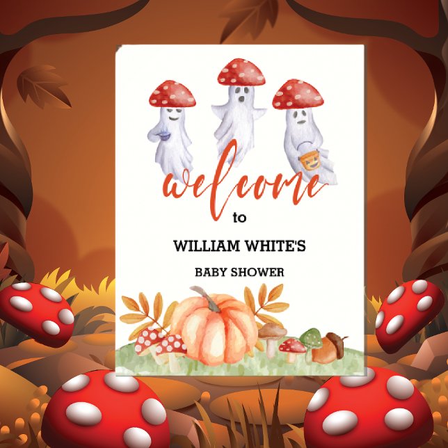 Póster Signo de bienvenida de Baby Shower de Ghost Mushro (Ghost Mushroom Halloween Baby Shower Welcome Sign poster)