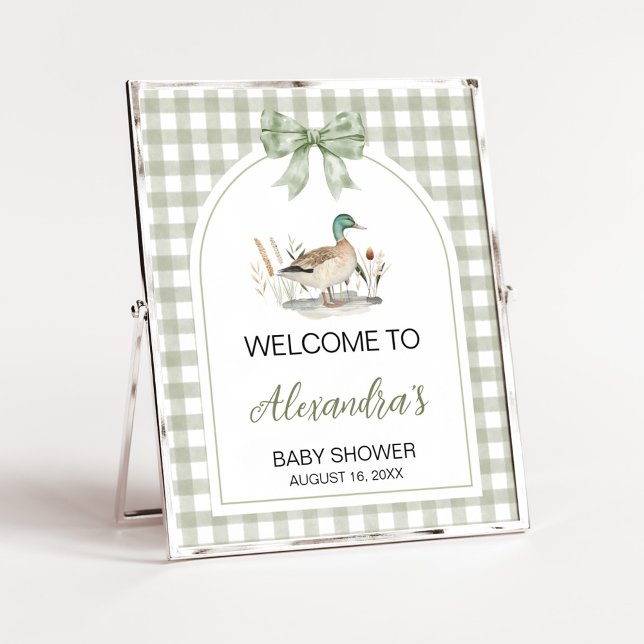 Póster Signo de bienvenida de Baby Shower de Gingham Mall (Sage Green Gingham Mallard Duck Hunting Country Baby Shower Sign)