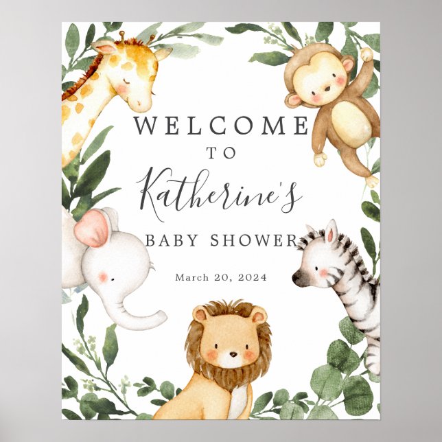 Póster Signo de bienvenida de Baby Shower de los animales (Frente)