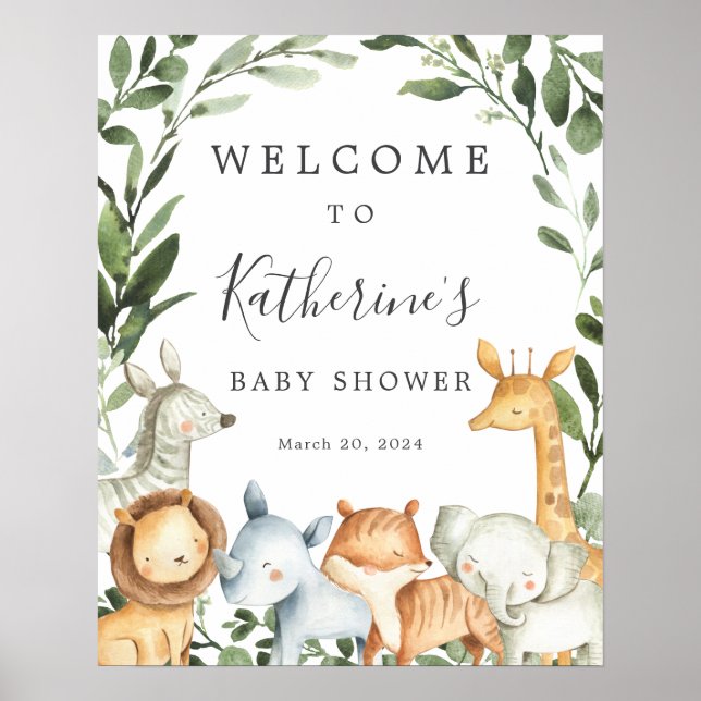 Póster Signo de bienvenida de Baby Shower de los animales (Frente)