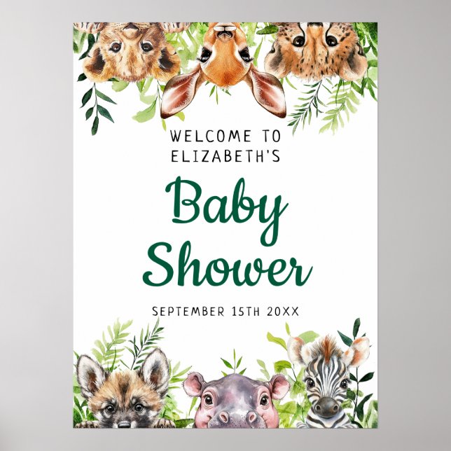 Póster Signo de bienvenida de Baby Shower de los animales (Frente)