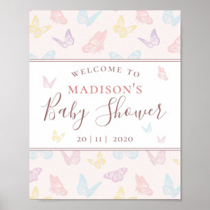Póster Signo de bienvenida de Baby Shower de mariposa ros