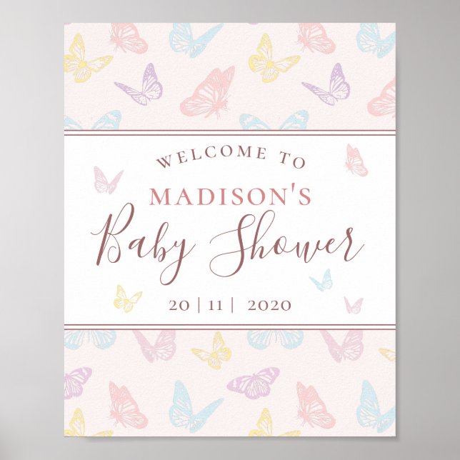 Póster Signo de bienvenida de Baby Shower de mariposa ros (Frente)