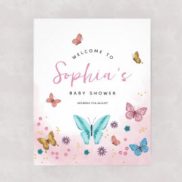 Póster Signo de bienvenida de Baby Shower de mariposa ros