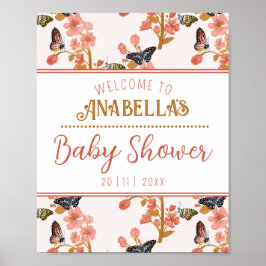 Póster Signo de bienvenida de Baby Shower de mariposa ros