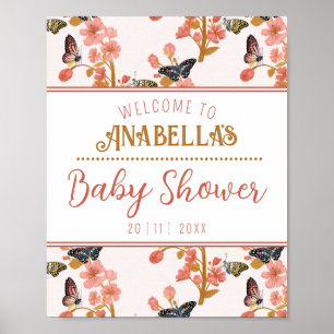 Póster Signo de bienvenida de Baby Shower de mariposa ros