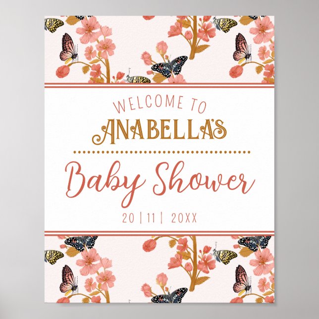 Póster Signo de bienvenida de Baby Shower de mariposa ros (Frente)