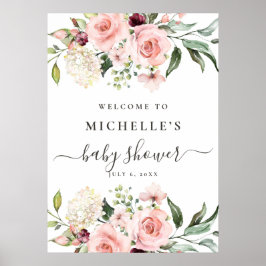 Póster Signo de bienvenida de Baby Shower de rosas rosas 