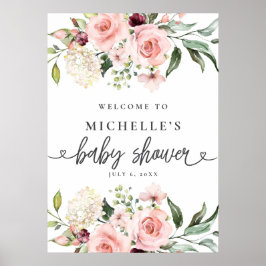 Póster Signo de bienvenida de Baby Shower de rosas rosas 