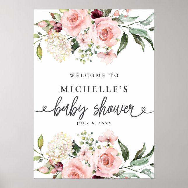 Póster Signo de bienvenida de Baby Shower de rosas rosas  (Frente)