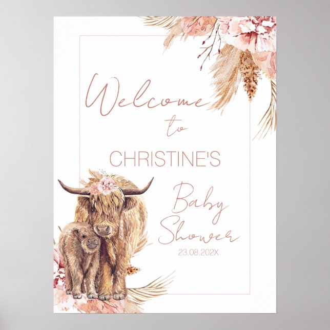 Póster Signo de bienvenida de Baby Shower de ternera bohe (Frente)
