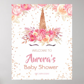 Póster Signo de bienvenida de Baby Shower de Unicornio ro