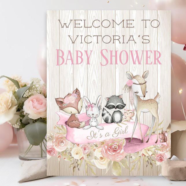 Póster Signo de bienvenida de Baby Shower de Woodland par (Sweet woodland baby shower welcome sign. Simply add your event details.)
